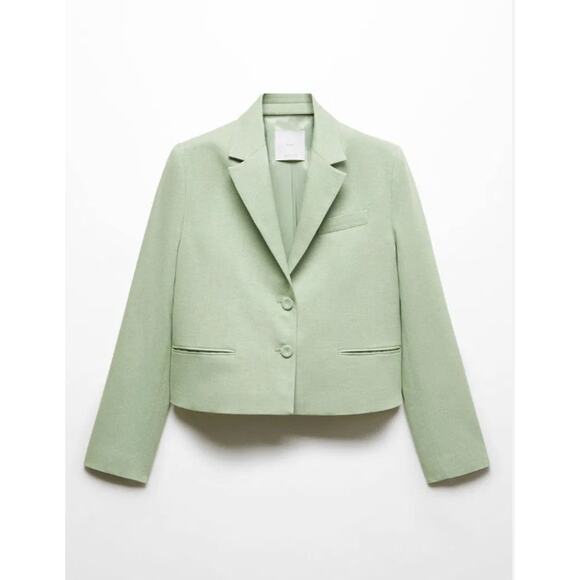 NWT Mango Mint Green Linen Cropped Sevilla Blazer Sz Large - Picture 2 of 13